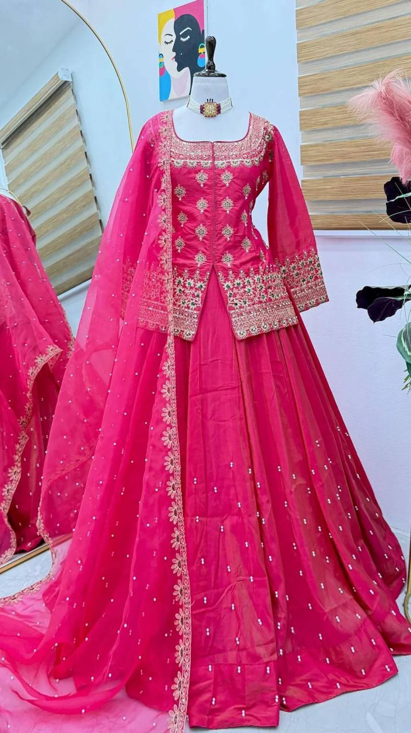 Pink Roman Silk Lehenga Choli Set with Net Dupatta