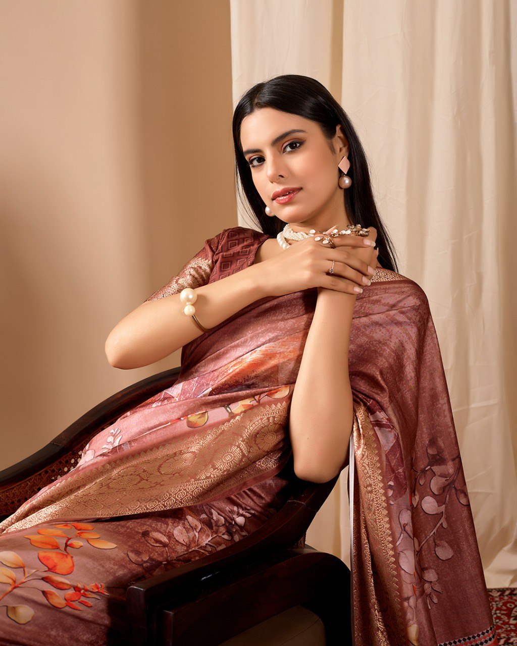 Brown Lichi Silk Saree with Patola Design Woven Border Elegant Ethnic Wear