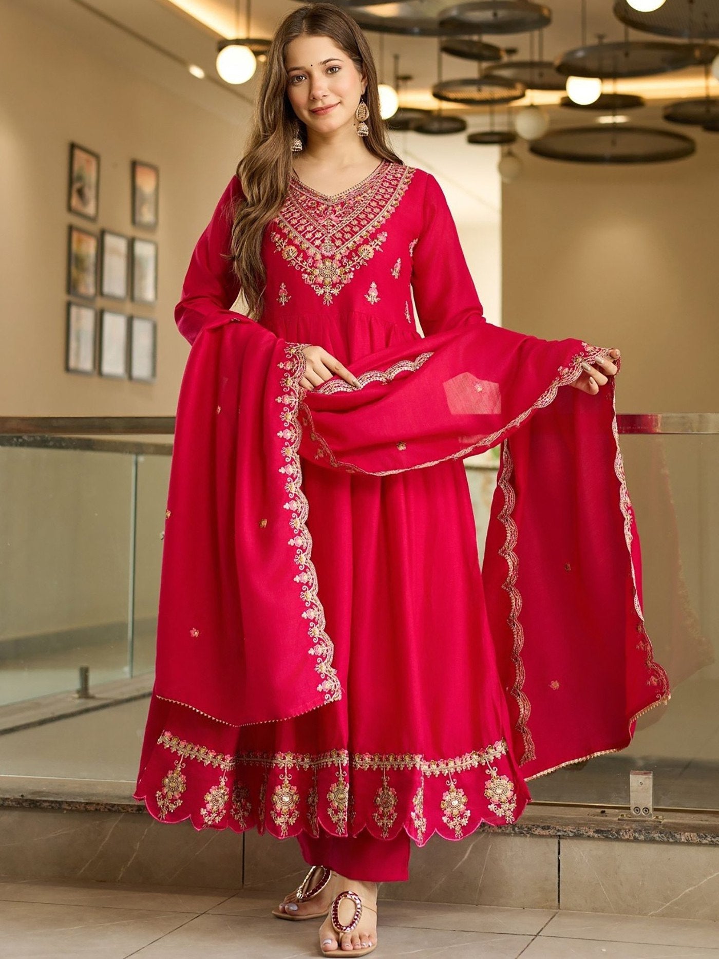 Pink Vichitra Anarkali Sharara Set with Dupatta