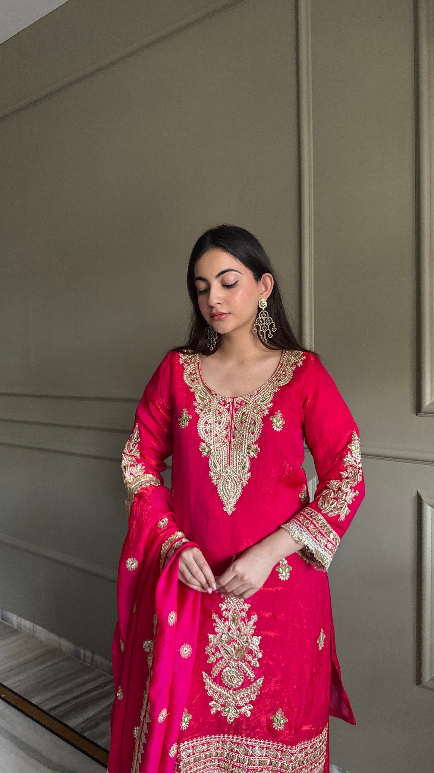 Pink & Navy Fendi Satin Designer Kurti Palazzo Set