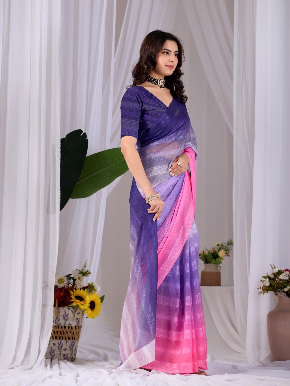 Purple Pink Dual Tone Monsoon Saree with Blouse