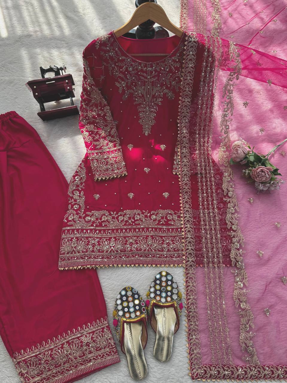 Premium Crepe Kurti Set with Farshi Salwar & Dupatta Party Wear Ethnic Set
