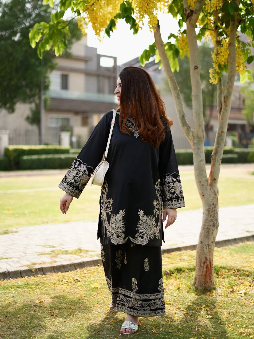 Black Muslin Cotton Embroidered Co-Ord Palazzo Set