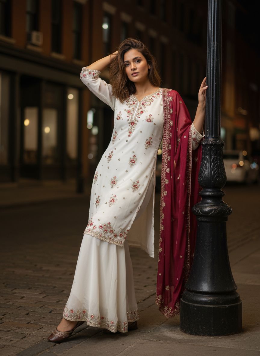 Black & Off White Georgette Sequins Palazzo Set with Dupatta
