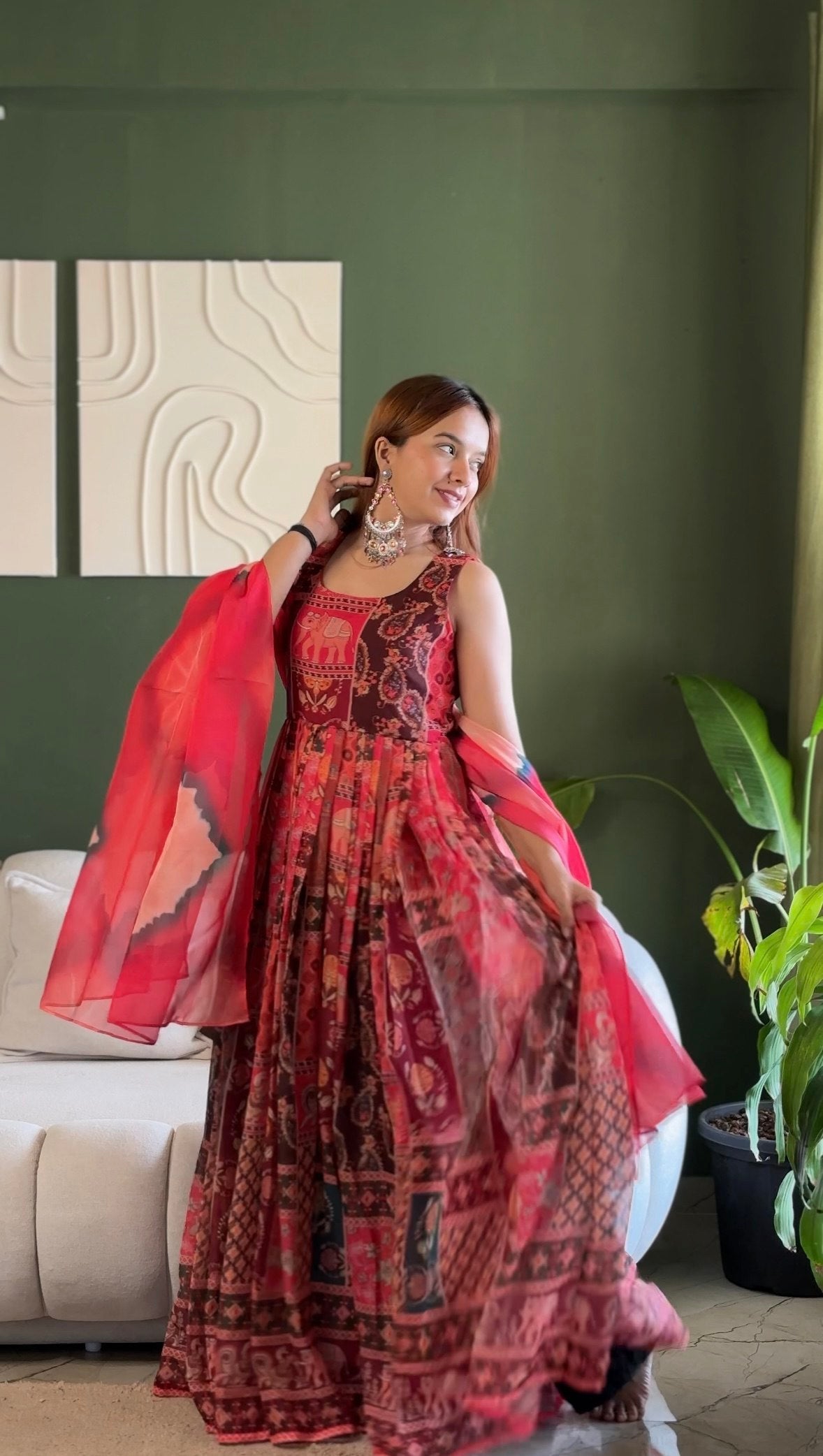 Red Patola Print Organza Gown with Dupatta