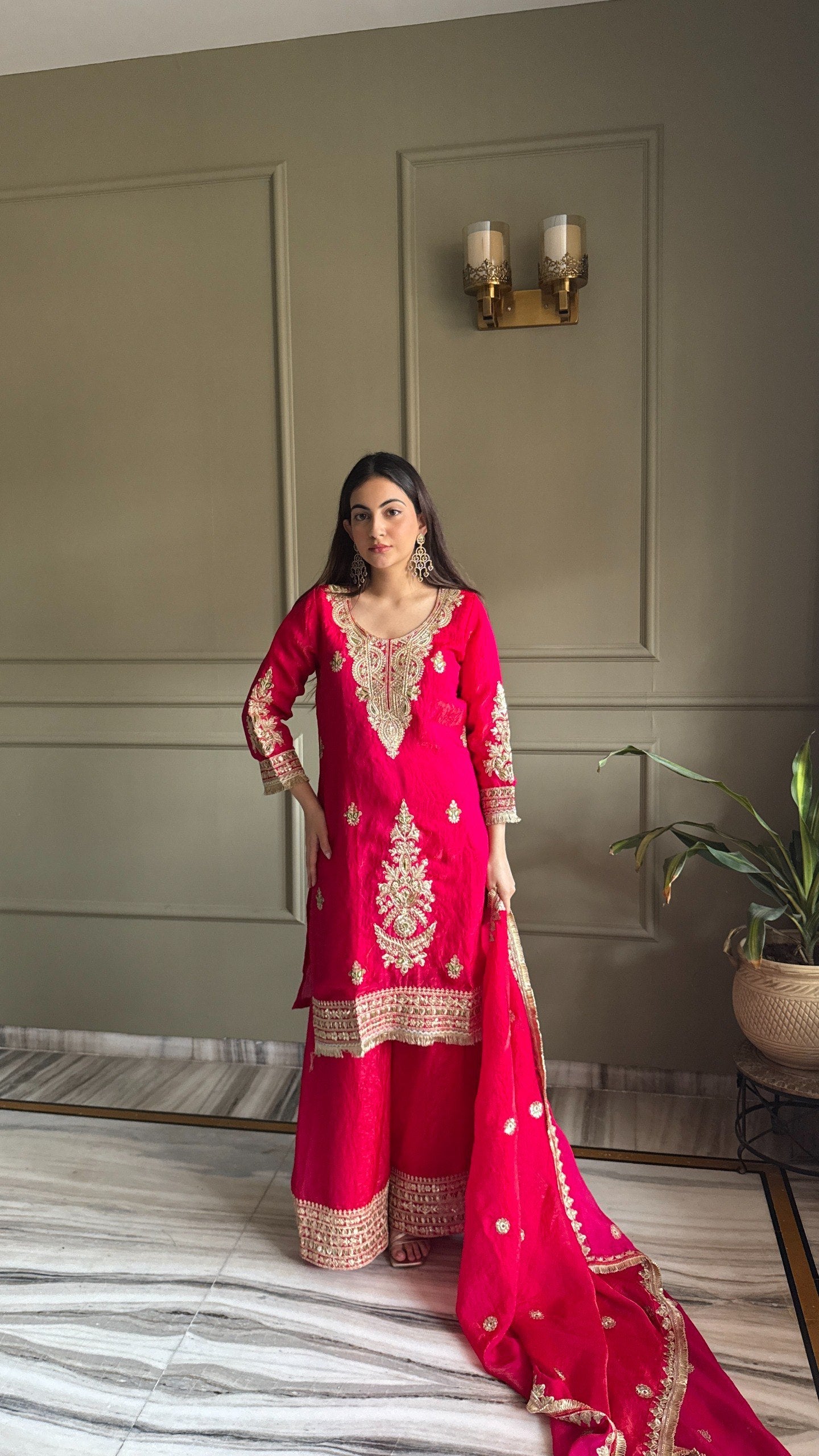 Pink & Navy Fendi Satin Designer Kurti Palazzo Set