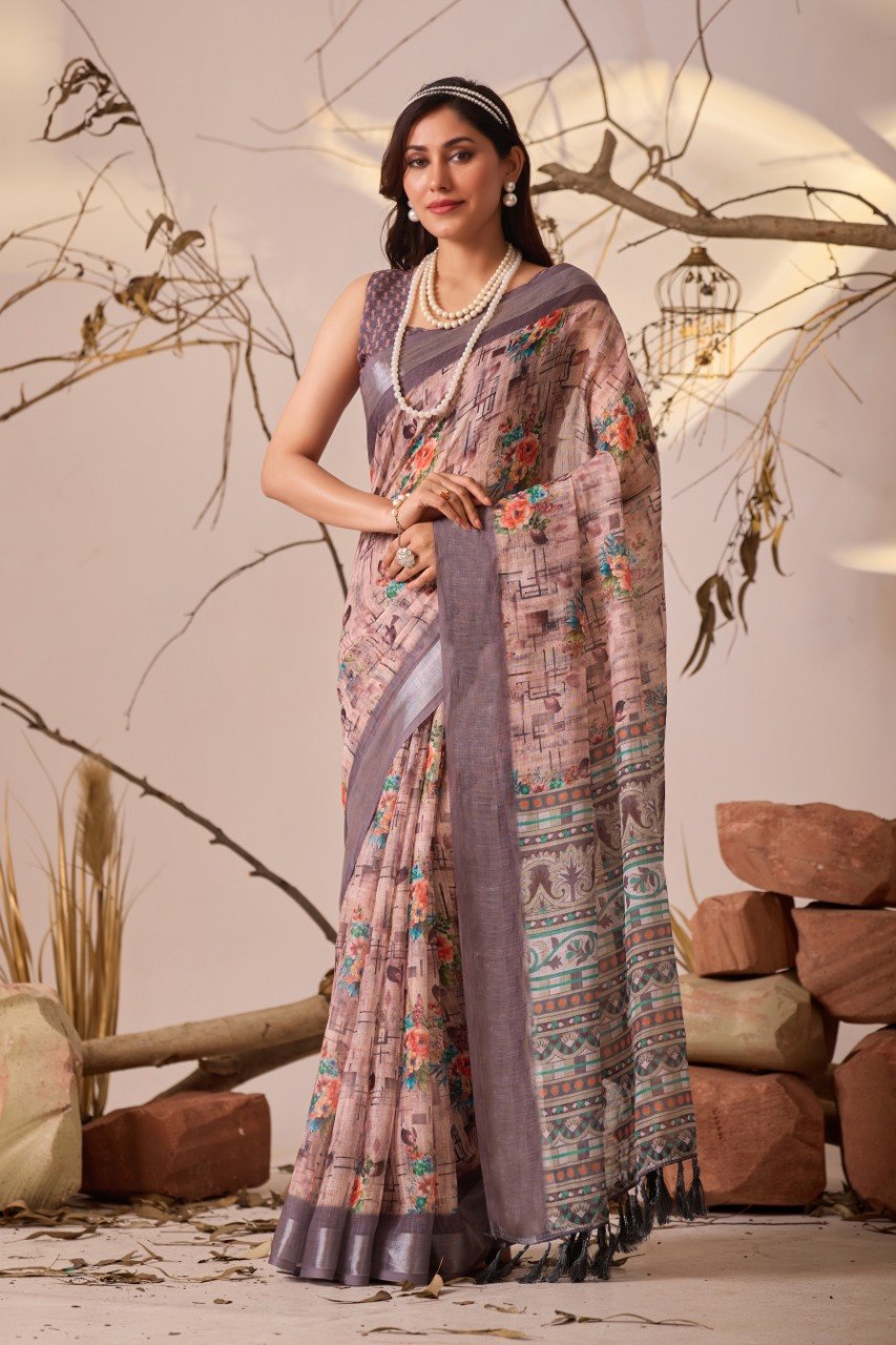 Floral Linen Cotton Saree with Patola Border Blouse