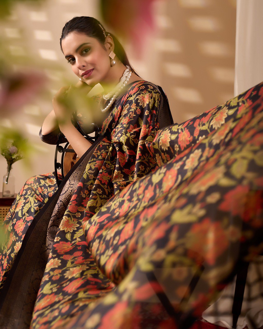 Black Floral Lichi Silk Saree with Zari Border Blouse