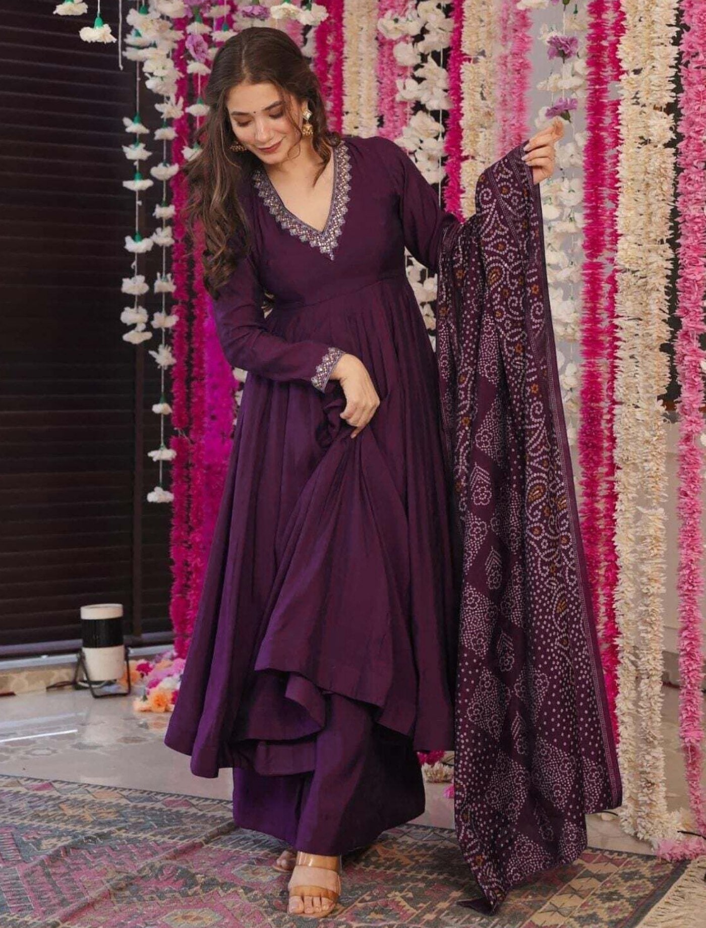 Purple Vichitra Anarkali Kurti Palazzo Set with Chanderi Dupatta