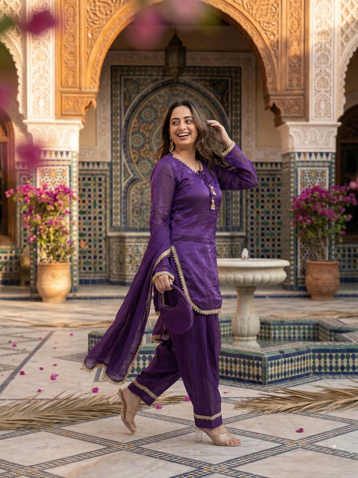 Fendi Satin Mirror Work Farshi Salwar Set with Dupatta