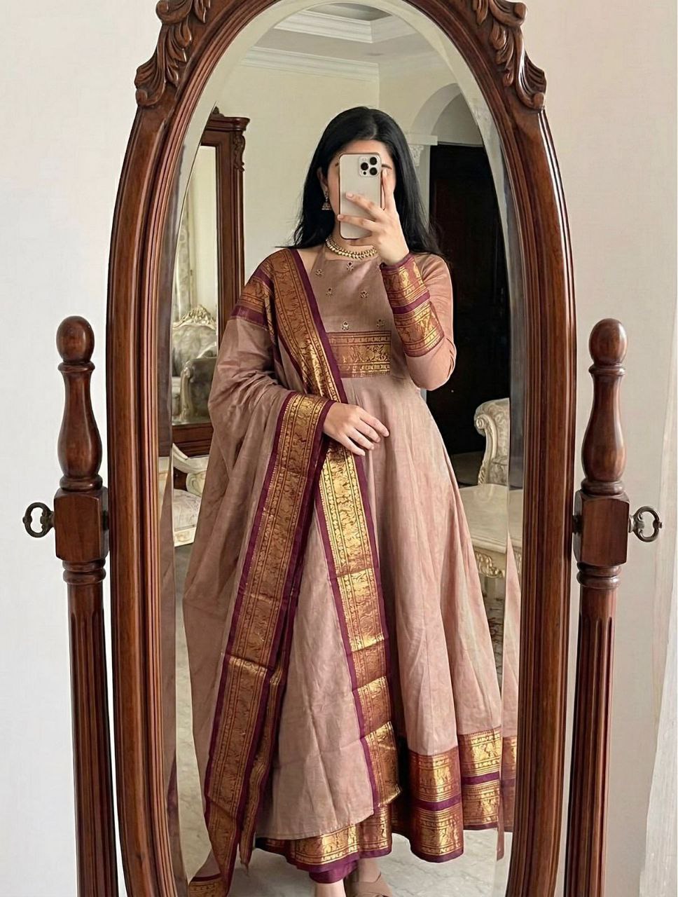 Brown Pattu Cotton Anarkali Kurti Set with Zari Border Dupatta