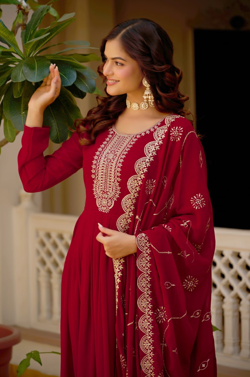 Maroon Sequins Anarkali Gown with Dupatta