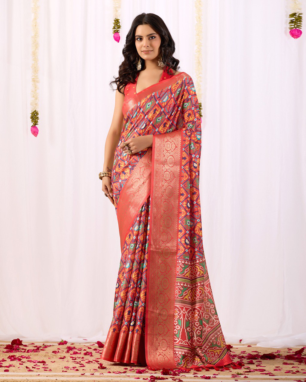 Red Patola Lichi Silk Saree with Contrast Blouse