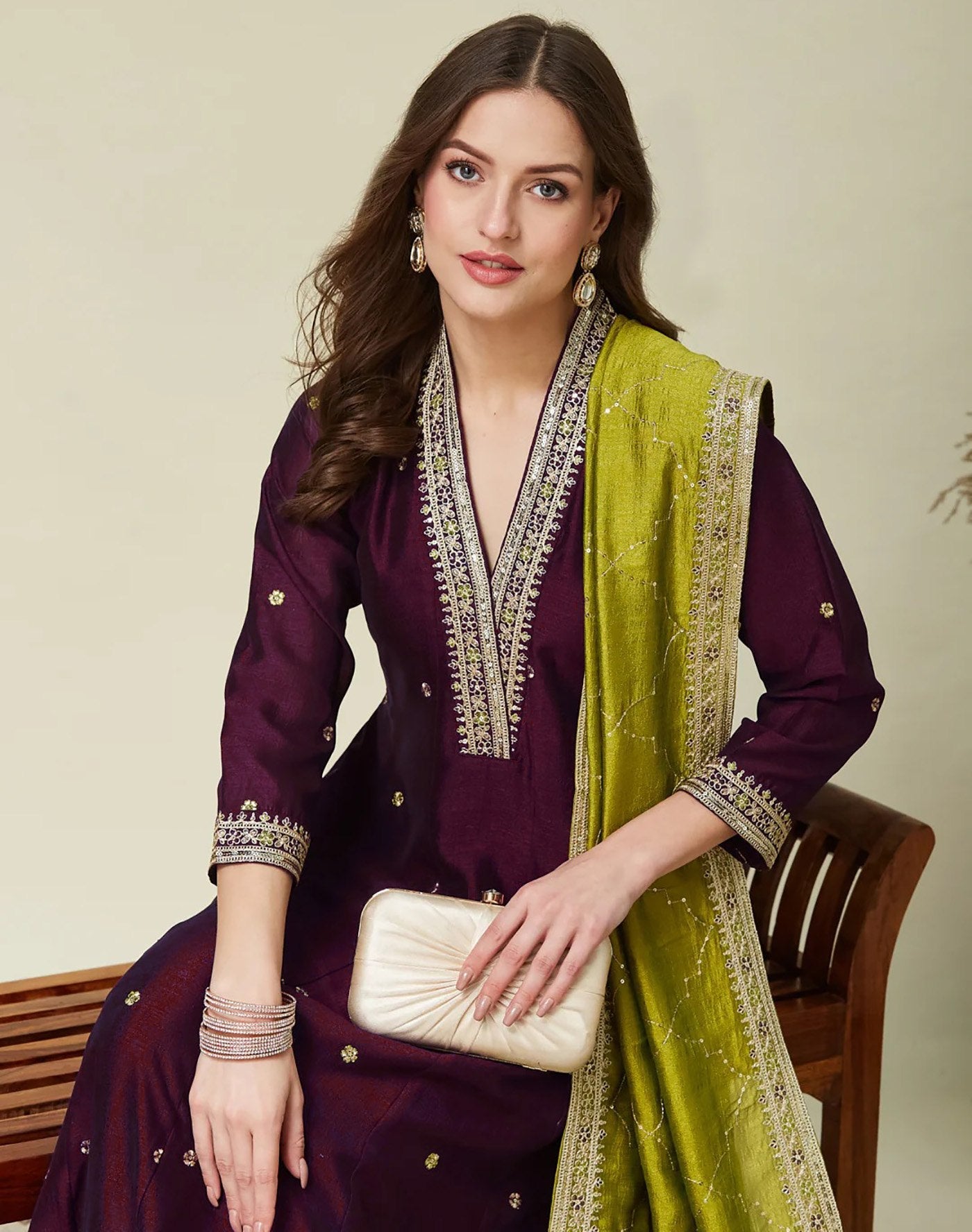 Beige & Wine Vichitra Anarkali Kurti Set with Dupatta