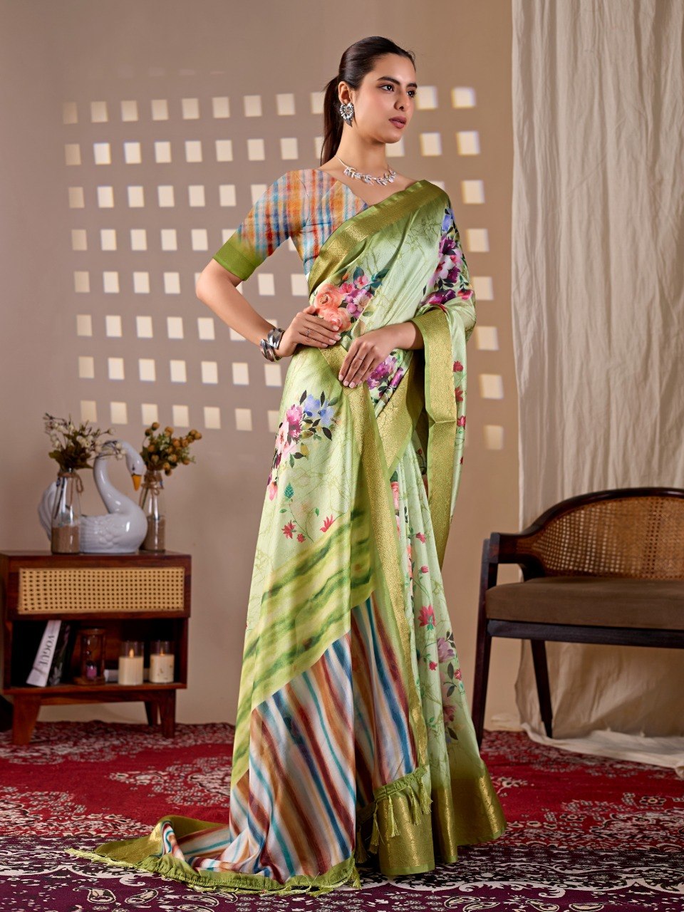 Green Floral Lichi Silk Saree with Zari Border Blouse