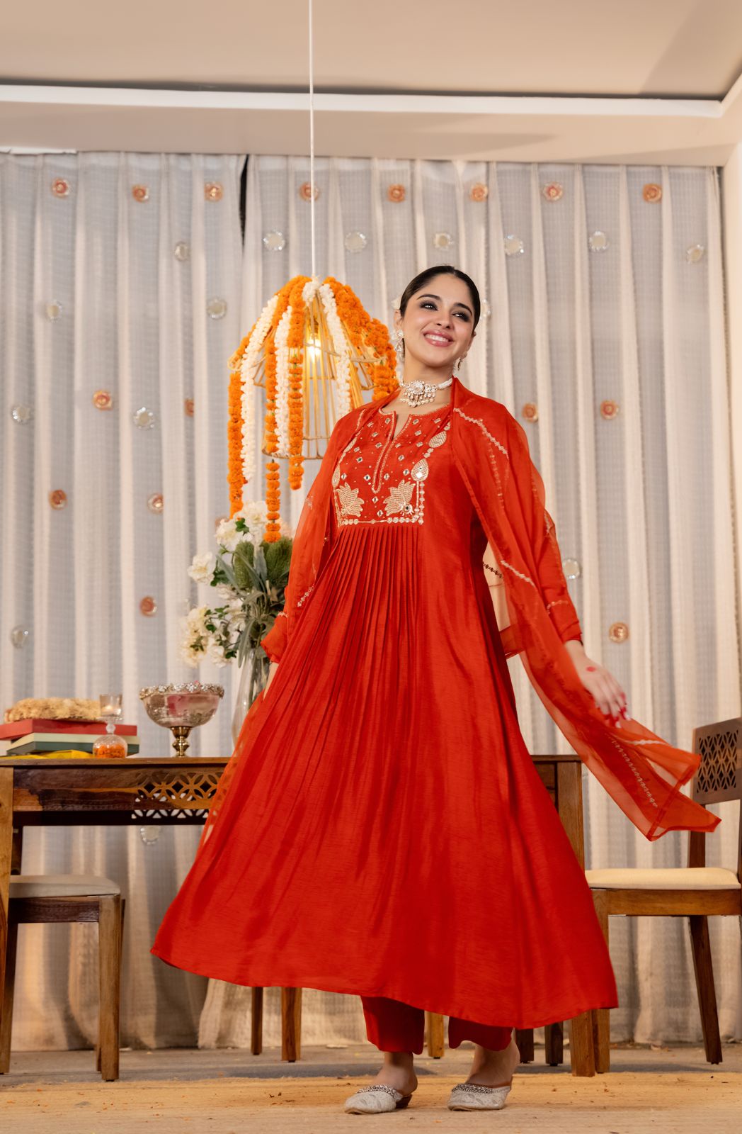 Orange & Green Chanderi Silk Kurti Set for Women with Organza Dupatta