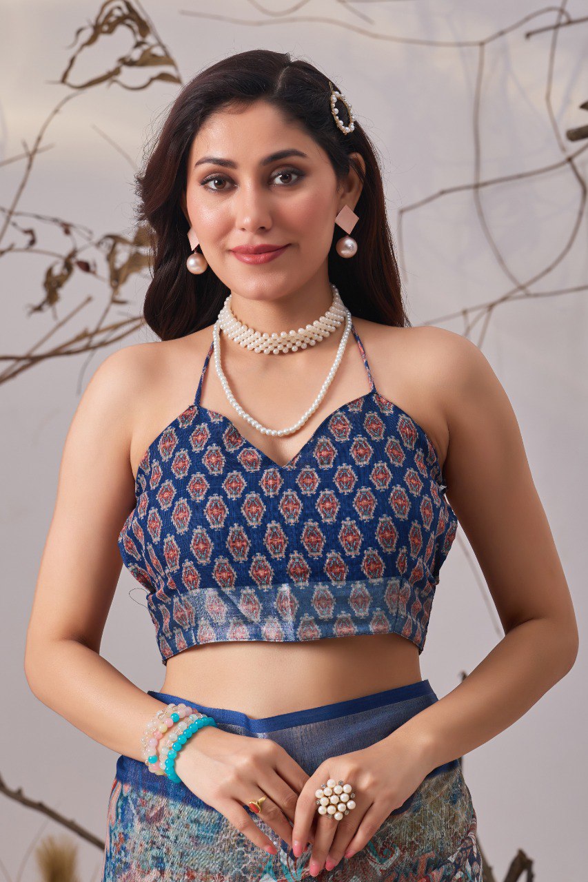 Blue Patola Printed Linen Cotton Saree with Blouse