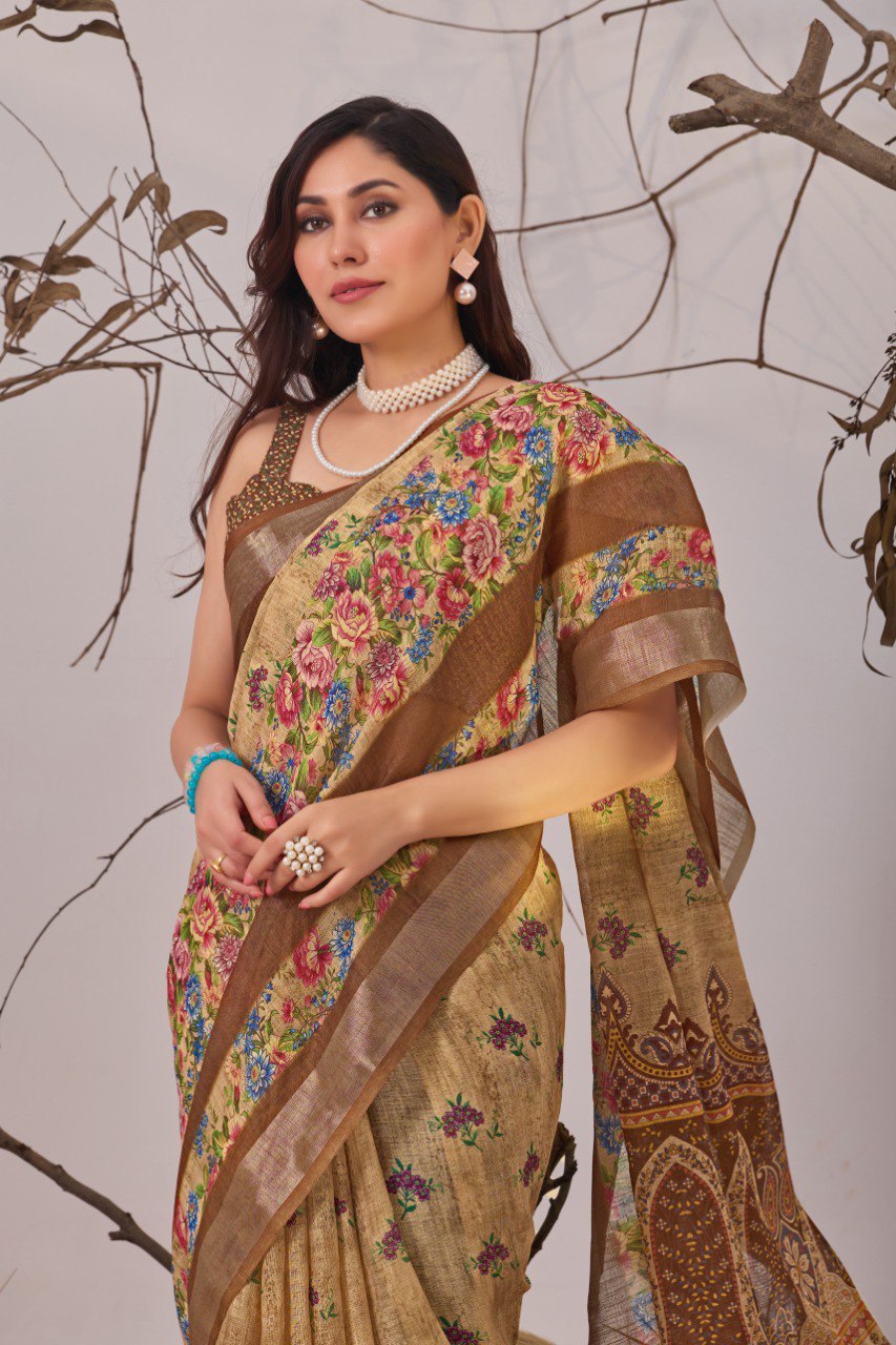Beige Floral Linen Cotton Saree with Printed Blouse