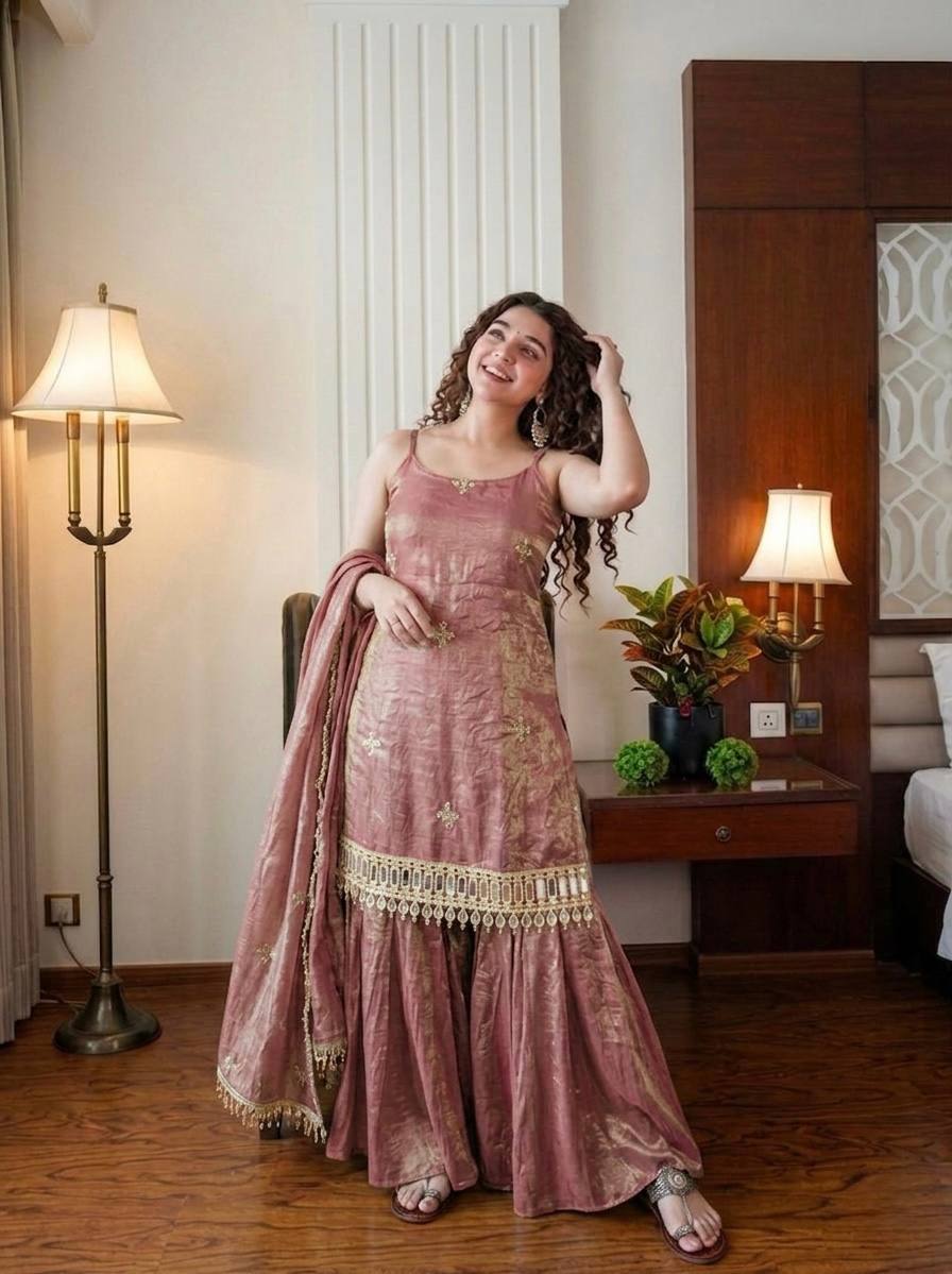 Fendy Silk Sharara Palazzo Set with Dupatta Mirror Work Embroidered Festive Wear