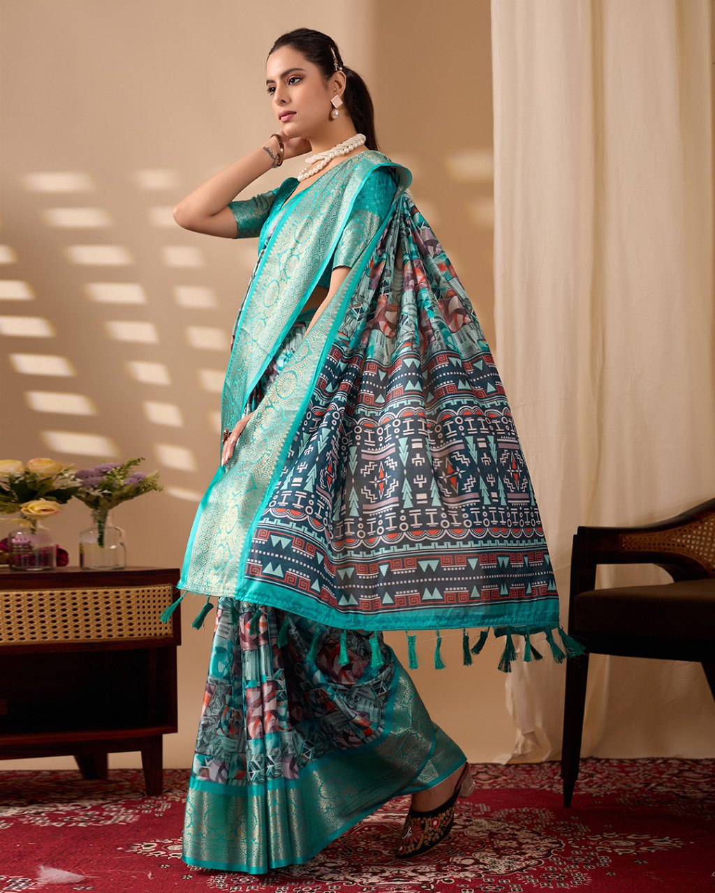 Sea Green Lichi Silk Saree with Zari Border Abstract Floral Print