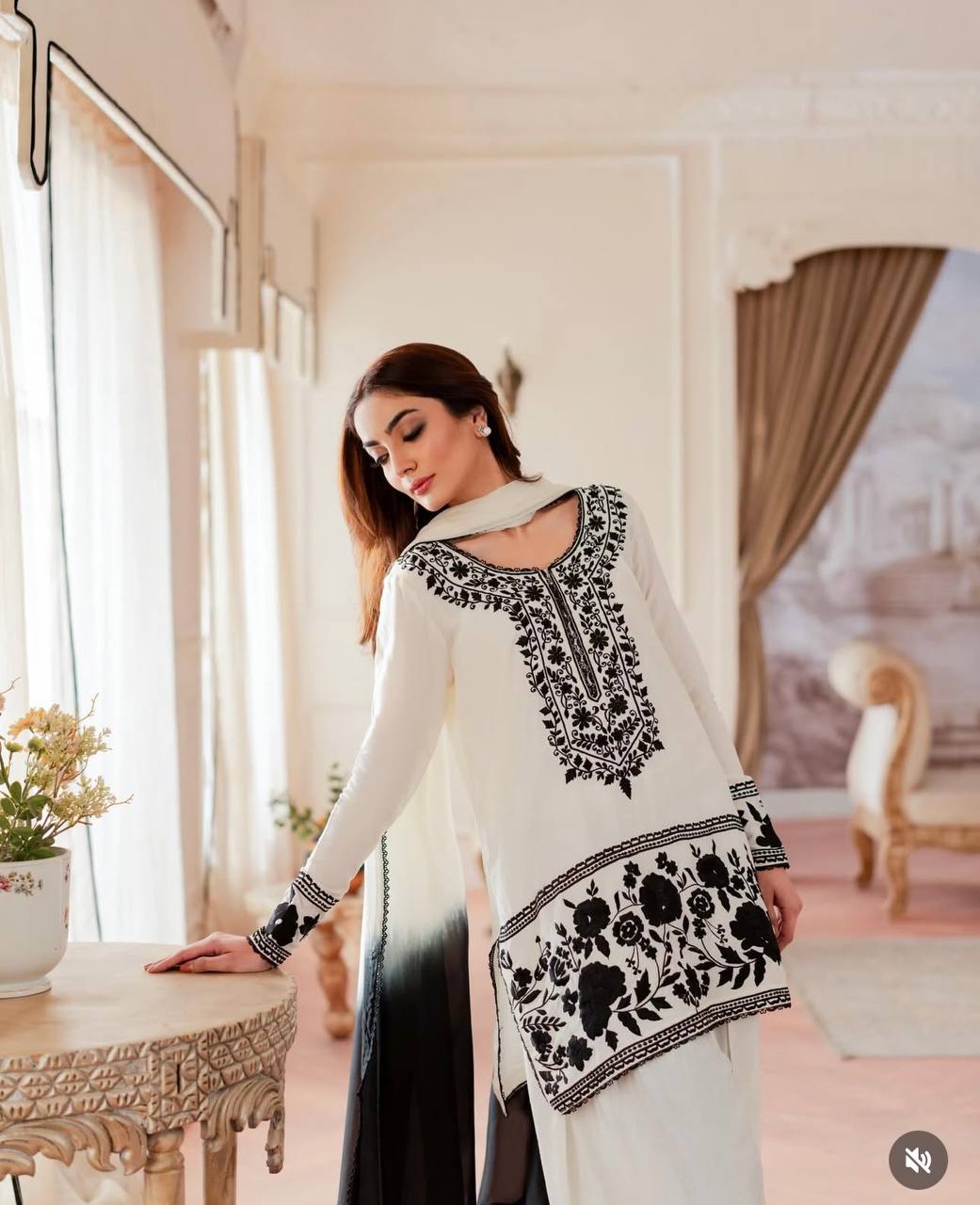White Crepe Embroidered Farshi Palazzo Set with Dupatta