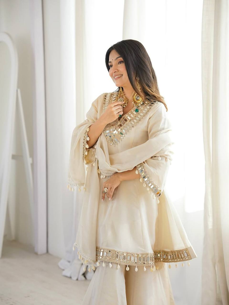 Off White Organza Silk Mirror Work Sharara Set