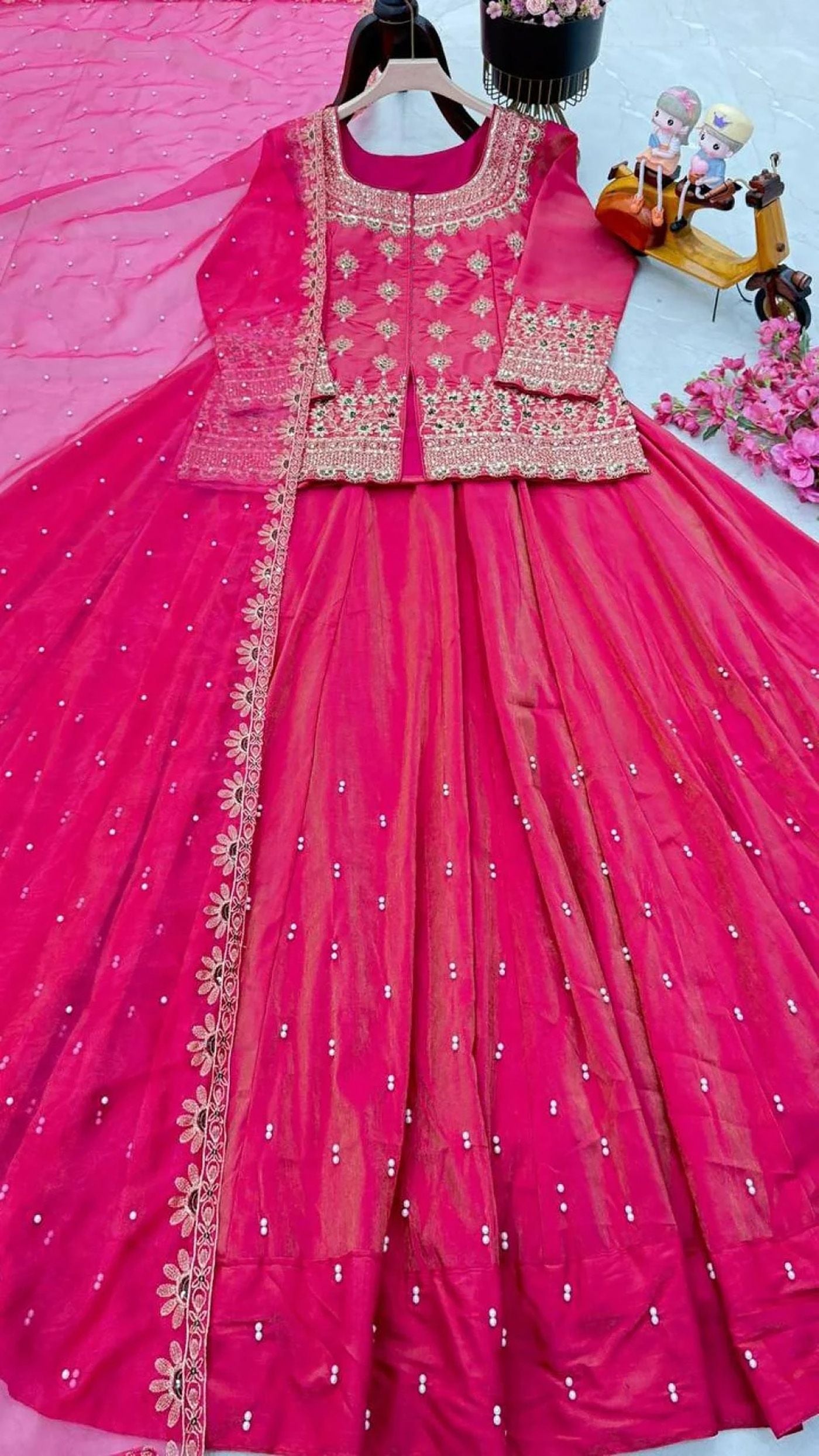Pink Roman Silk Lehenga Choli Set with Net Dupatta