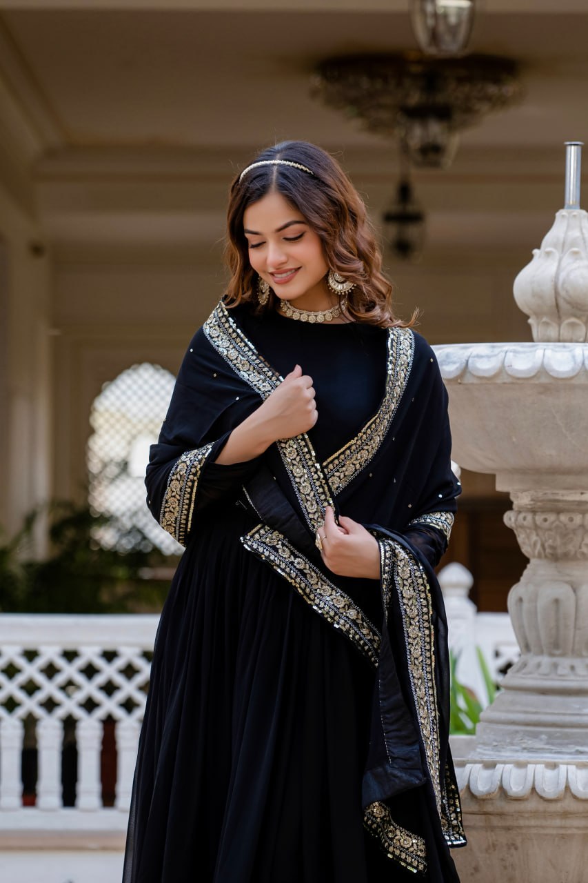 Black Sequins Anarkali Gown with Dupatta