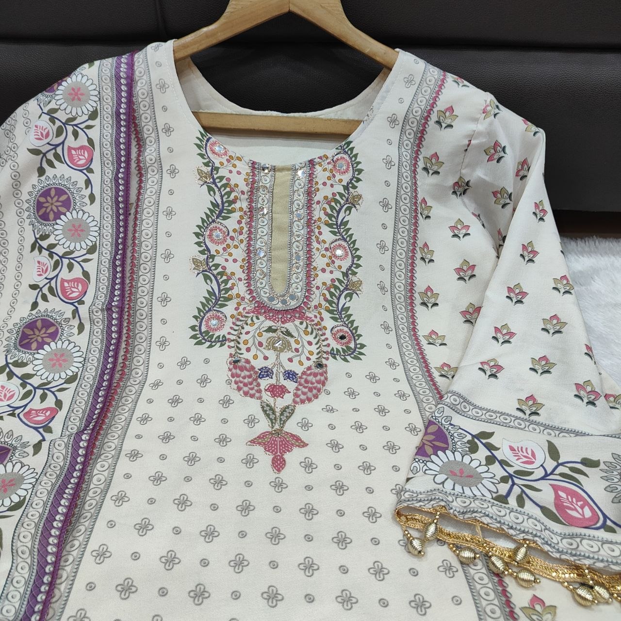 Maslin Ethnic Kurti Pant Set with Dupatta Embroidery Mirror Work Festive Wear