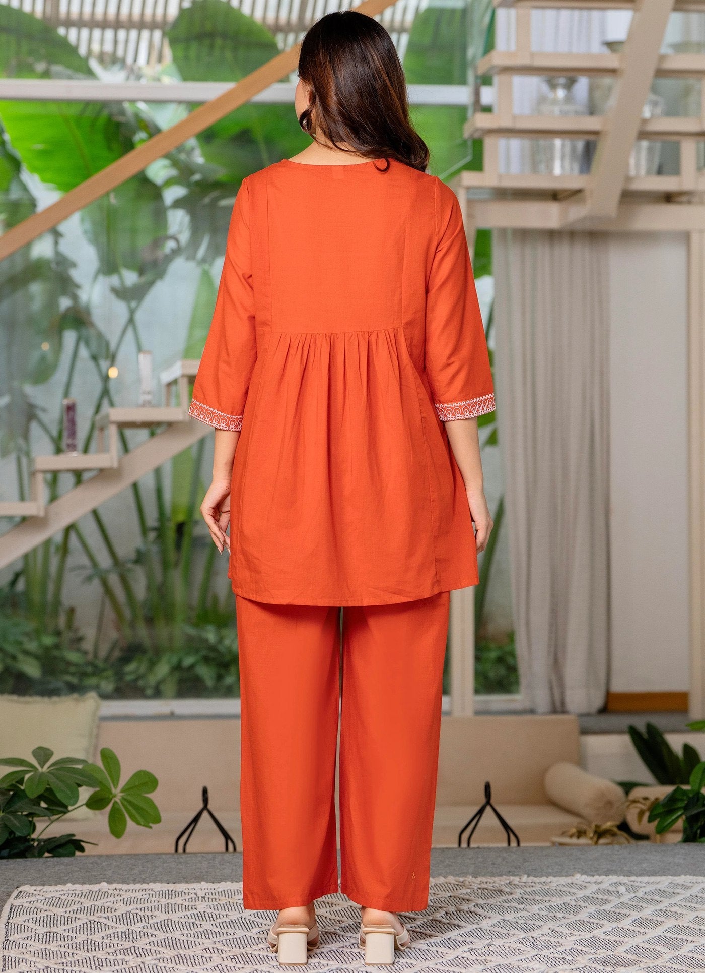 Orange Crepe Embroidered Co-Ord Kurta Pant Set