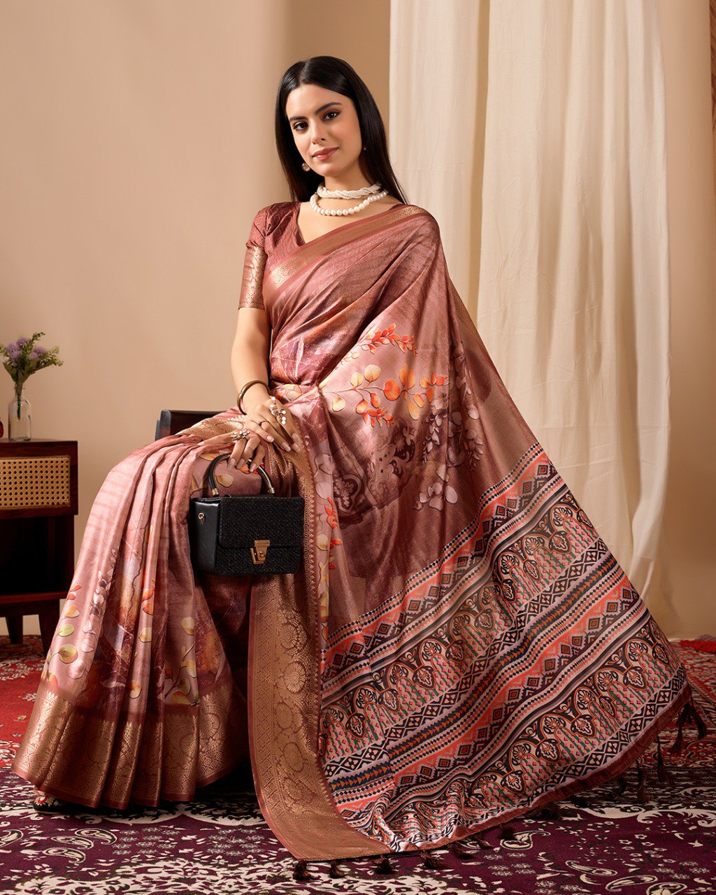 Brown Lichi Silk Saree with Patola Design Woven Border Elegant Ethnic Wear