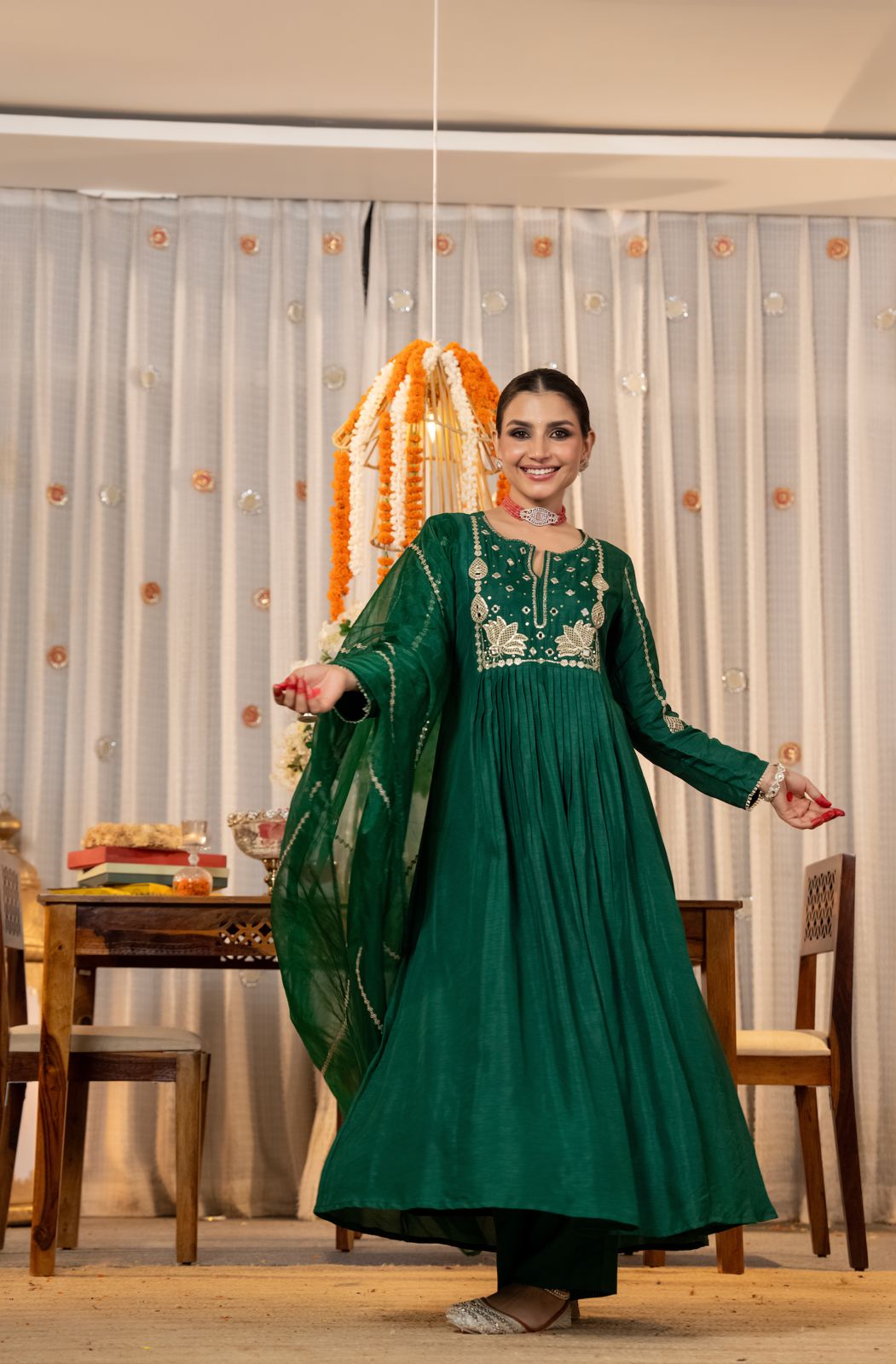 Orange & Green Chanderi Silk Kurti Set for Women with Organza Dupatta