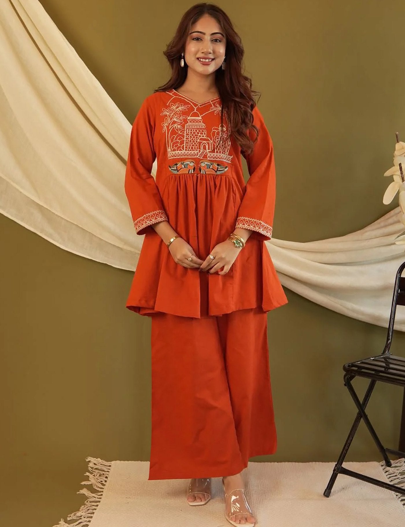 Orange Crepe Embroidered Co-Ord Kurta Pant Set