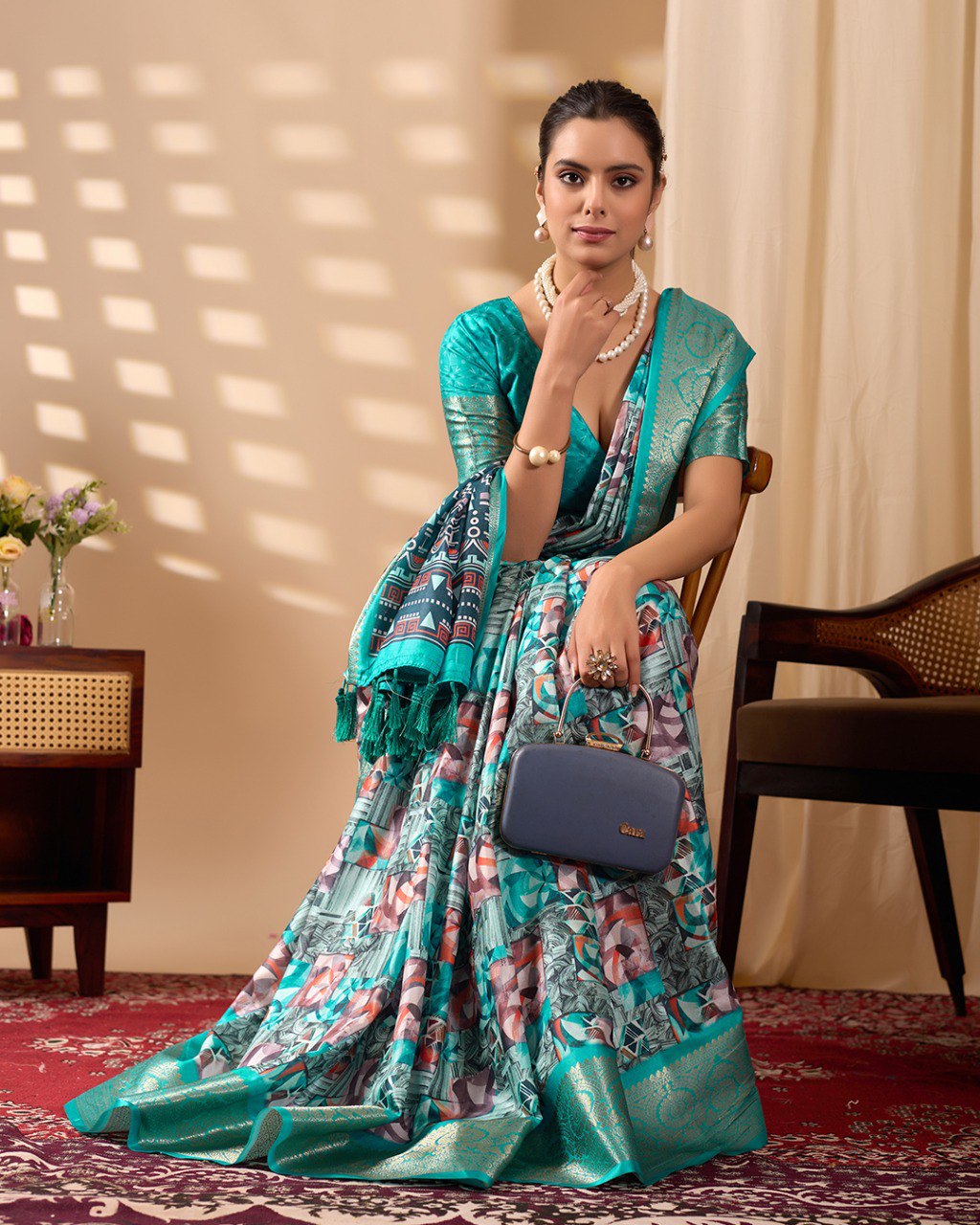 Sea Green Lichi Silk Saree with Zari Border Abstract Floral Print