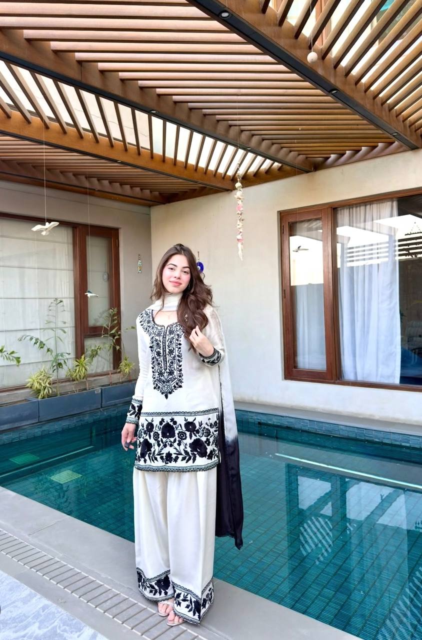 White Crepe Embroidered Farshi Palazzo Set with Dupatta