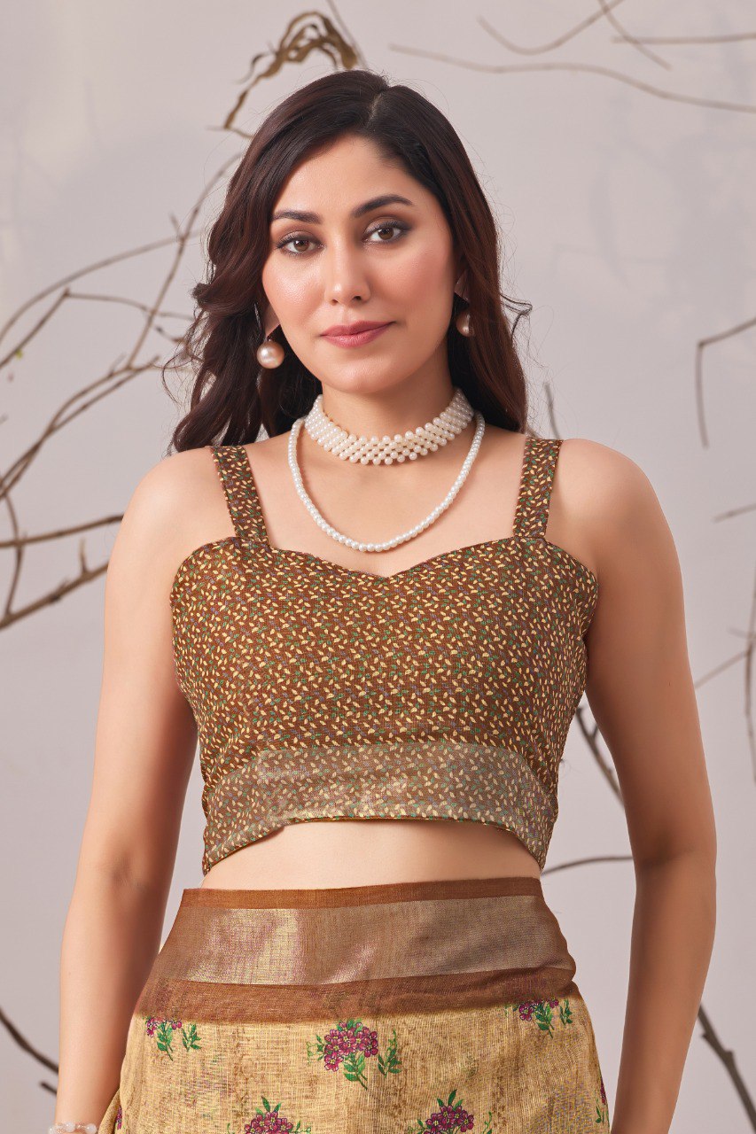 Beige Floral Linen Cotton Saree with Printed Blouse