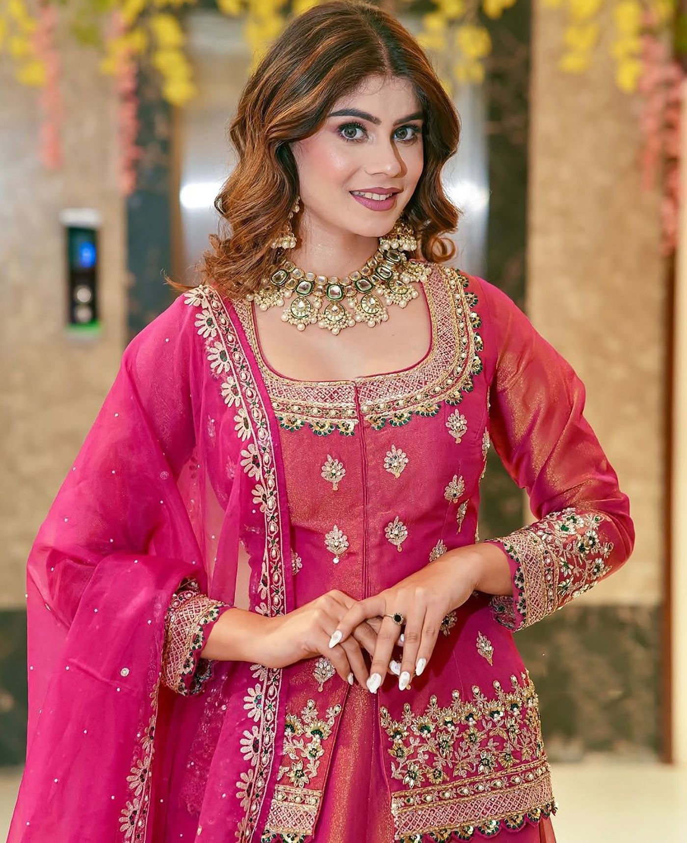 Pink Roman Silk Lehenga Choli Set with Net Dupatta