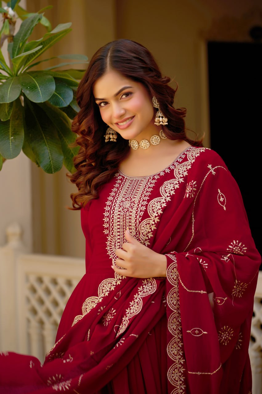 Maroon Sequins Anarkali Gown with Dupatta