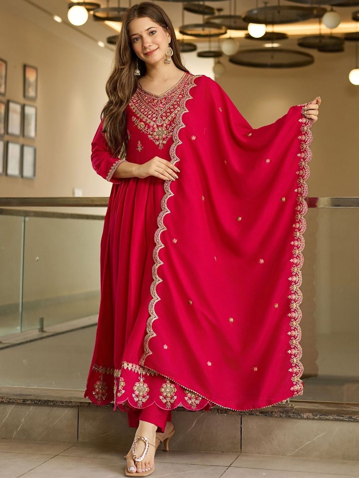 Pink Vichitra Anarkali Sharara Set with Dupatta