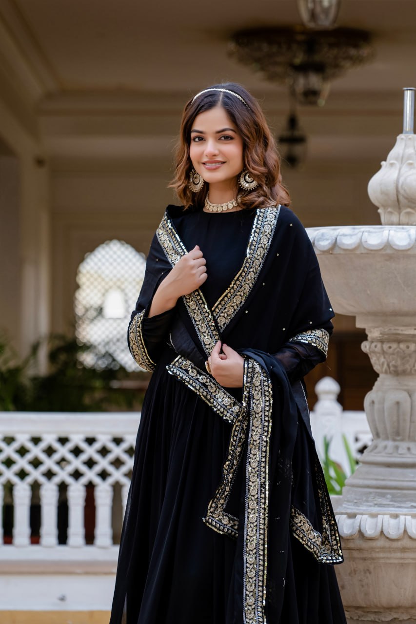 Black Sequins Anarkali Gown with Dupatta