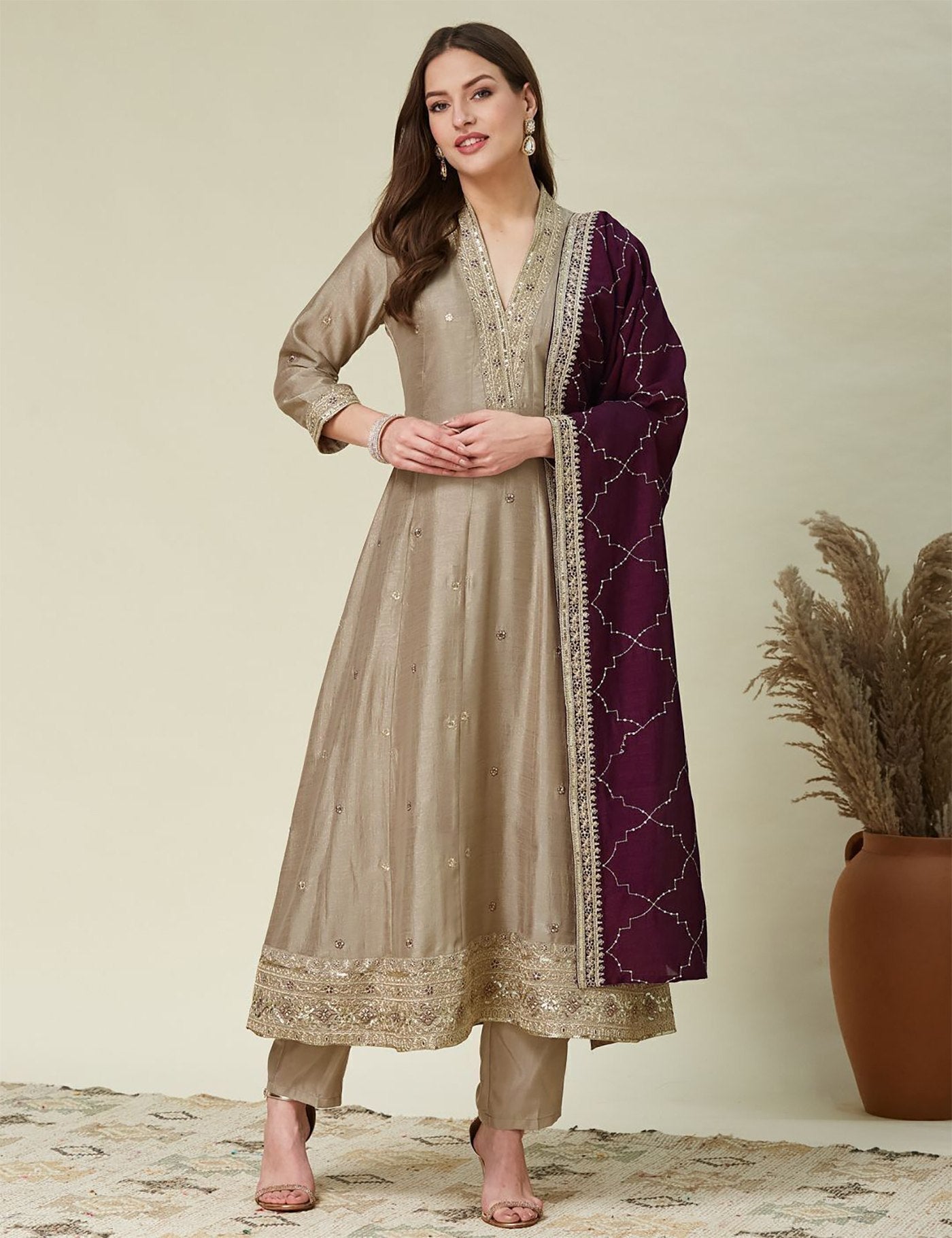 Beige & Wine Vichitra Anarkali Kurti Set with Dupatta