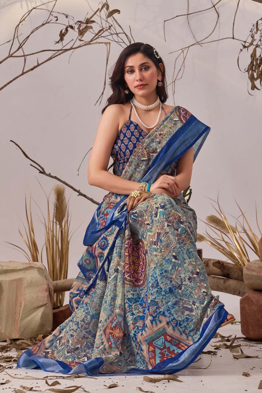 Blue Patola Printed Linen Cotton Saree with Blouse