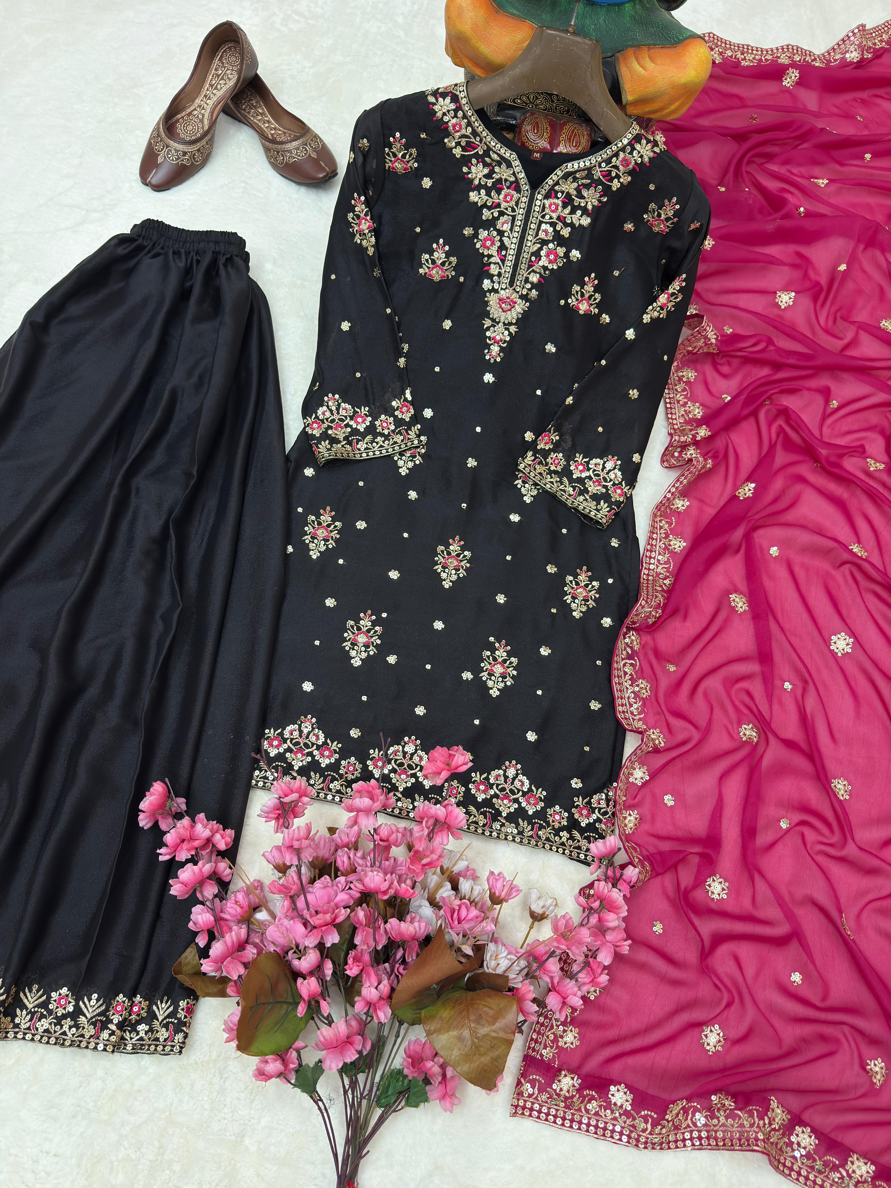 Black & Off White Georgette Sequins Palazzo Set with Dupatta