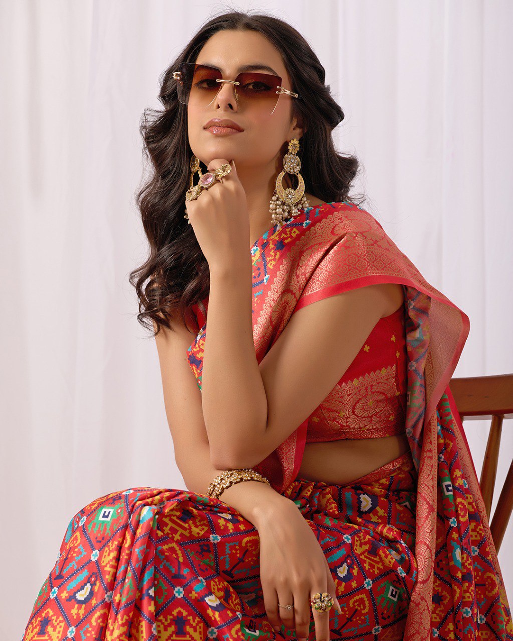 Red Patola Lichi Silk Saree with Contrast Blouse