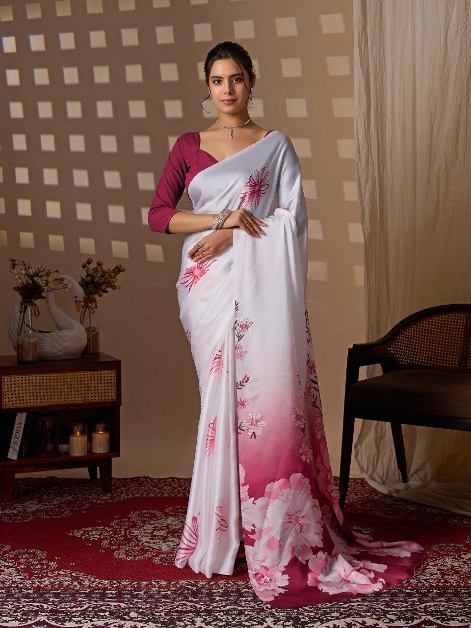 White Pink Floral Satin Georgette Saree with Blouse