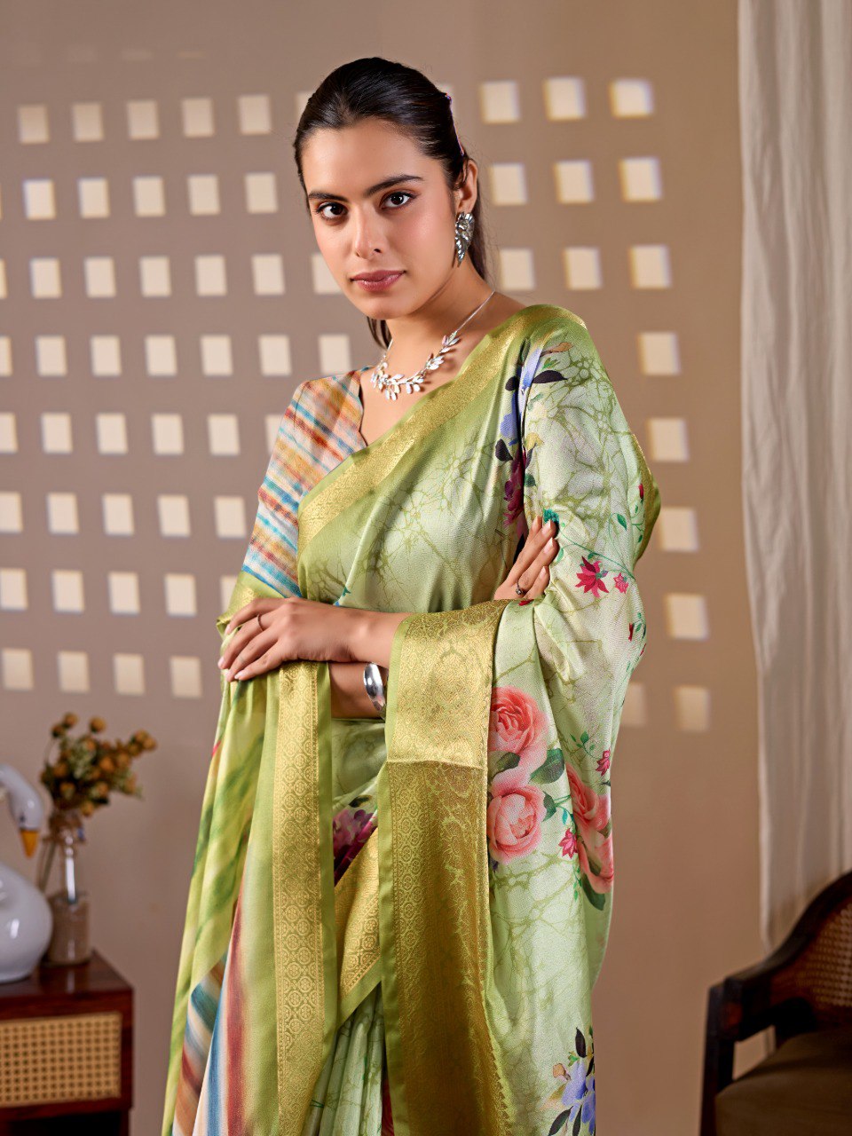 Green Floral Lichi Silk Saree with Zari Border Blouse