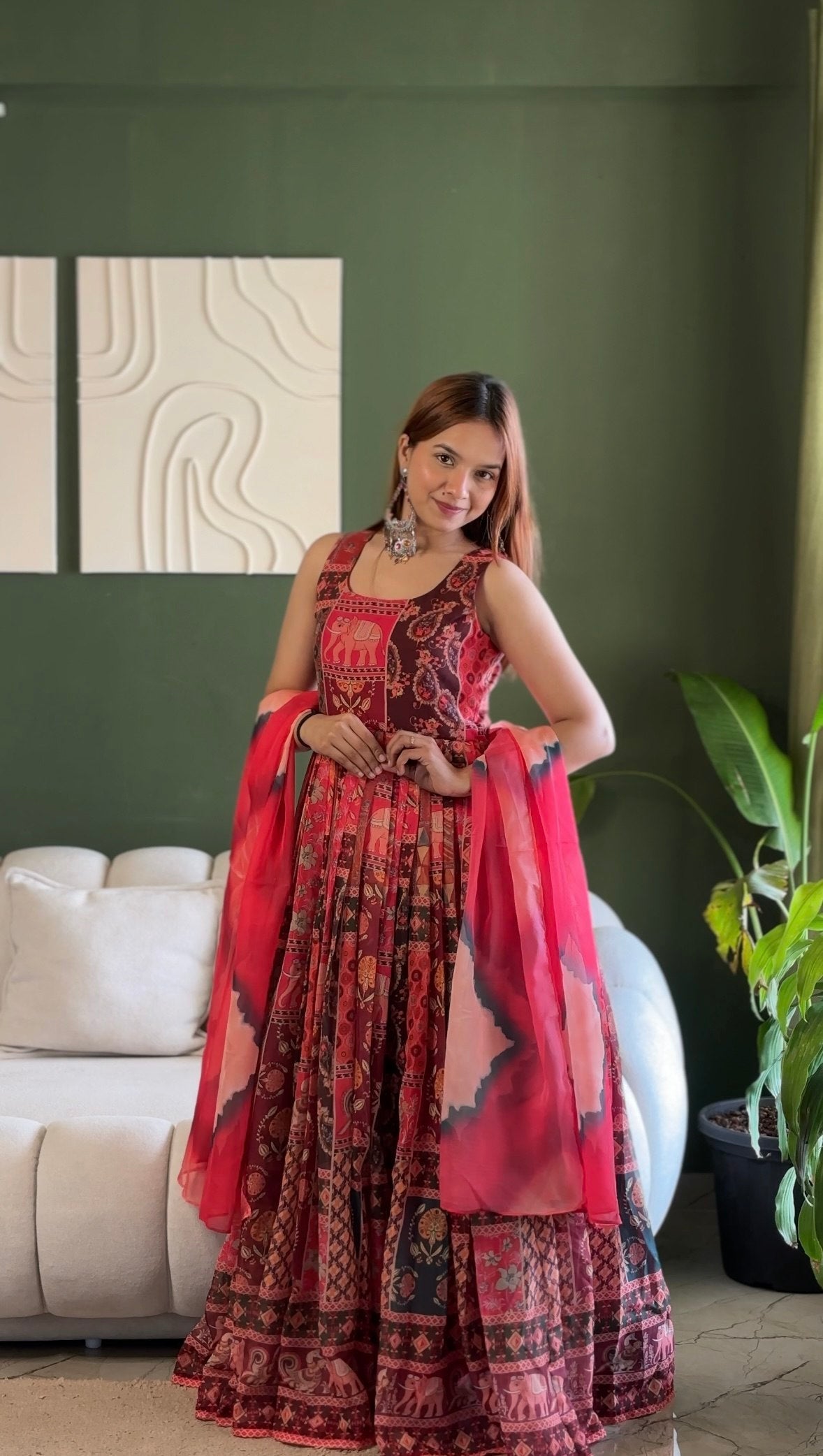 Red Patola Print Organza Gown with Dupatta