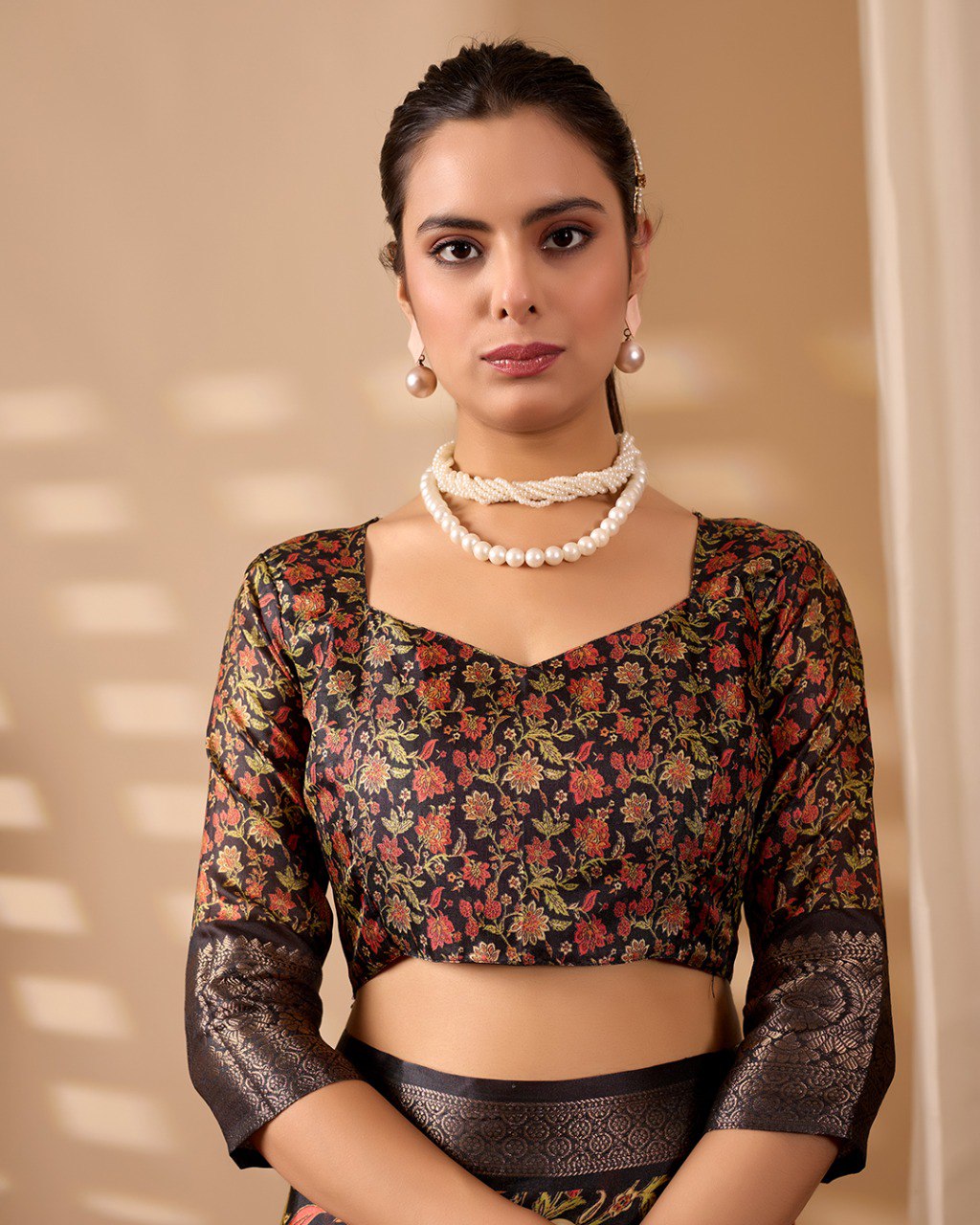 Black Floral Lichi Silk Saree with Zari Border Blouse