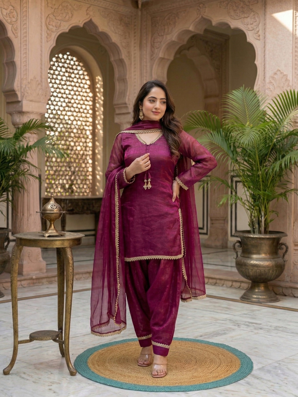 Fendi Satin Mirror Work Farshi Salwar Set with Dupatta