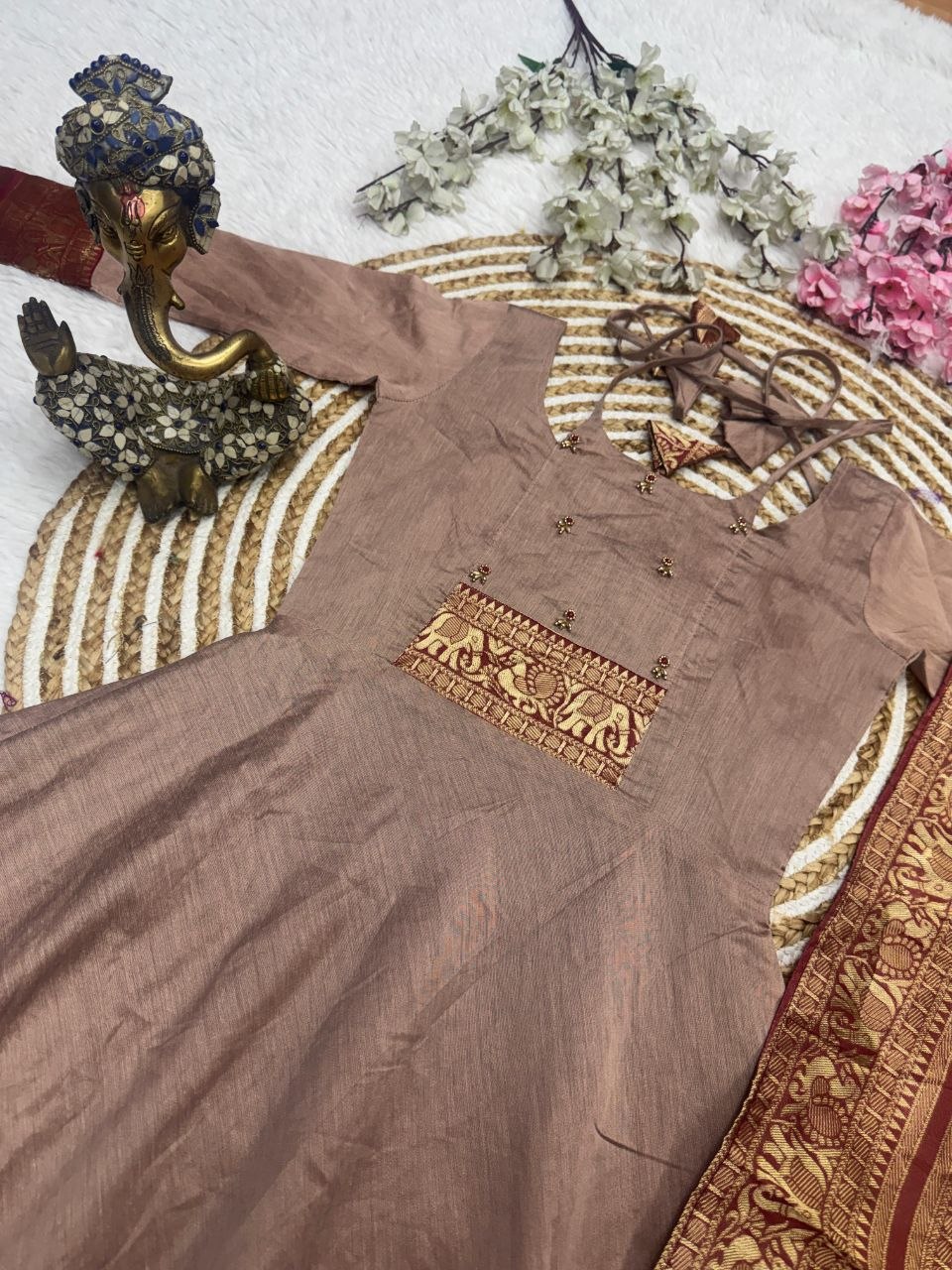 Brown Pattu Cotton Anarkali Kurti Set with Zari Border Dupatta